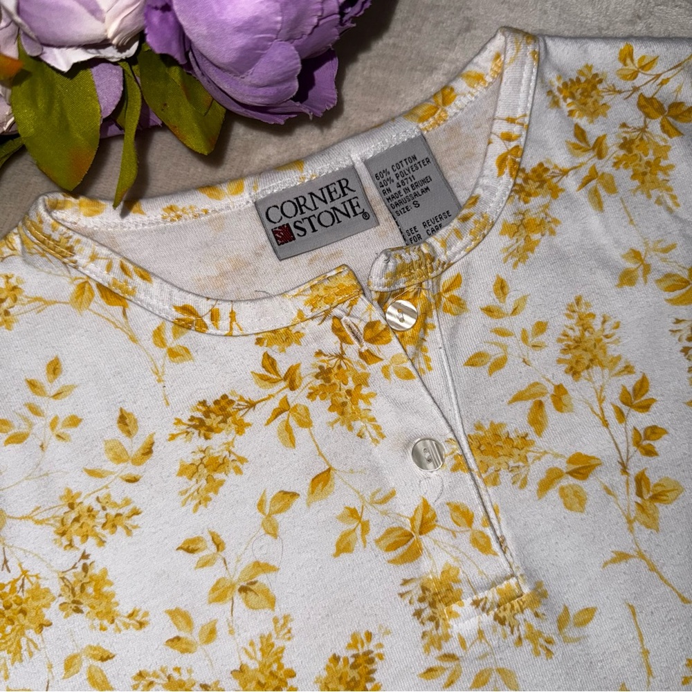Vintage Yellow Floral Henley T-Shirt